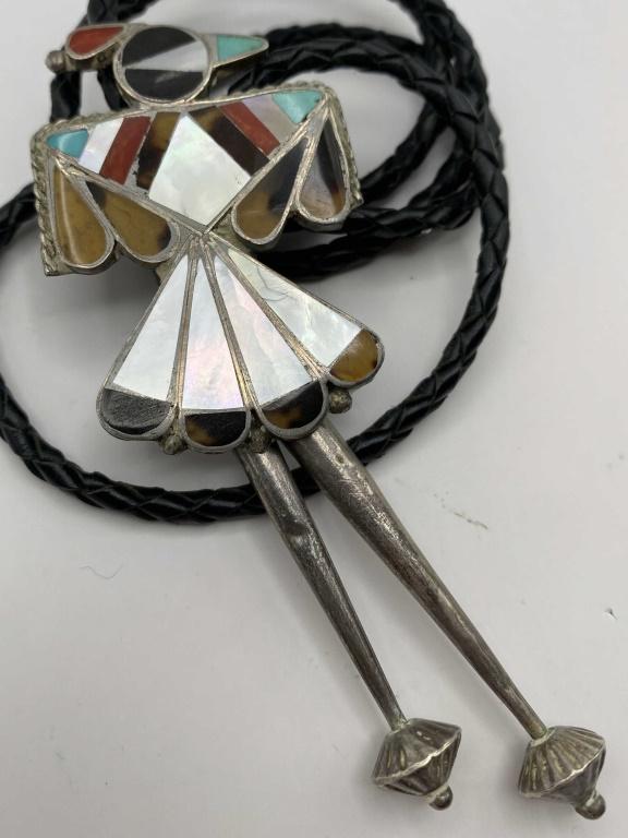 STERLING ZUNI PEYOTE BIRD BOLO TIE TURQUOISE