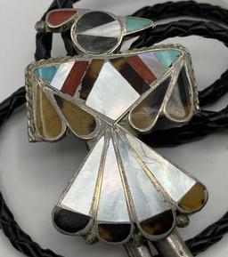 STERLING ZUNI PEYOTE BIRD BOLO TIE TURQUOISE