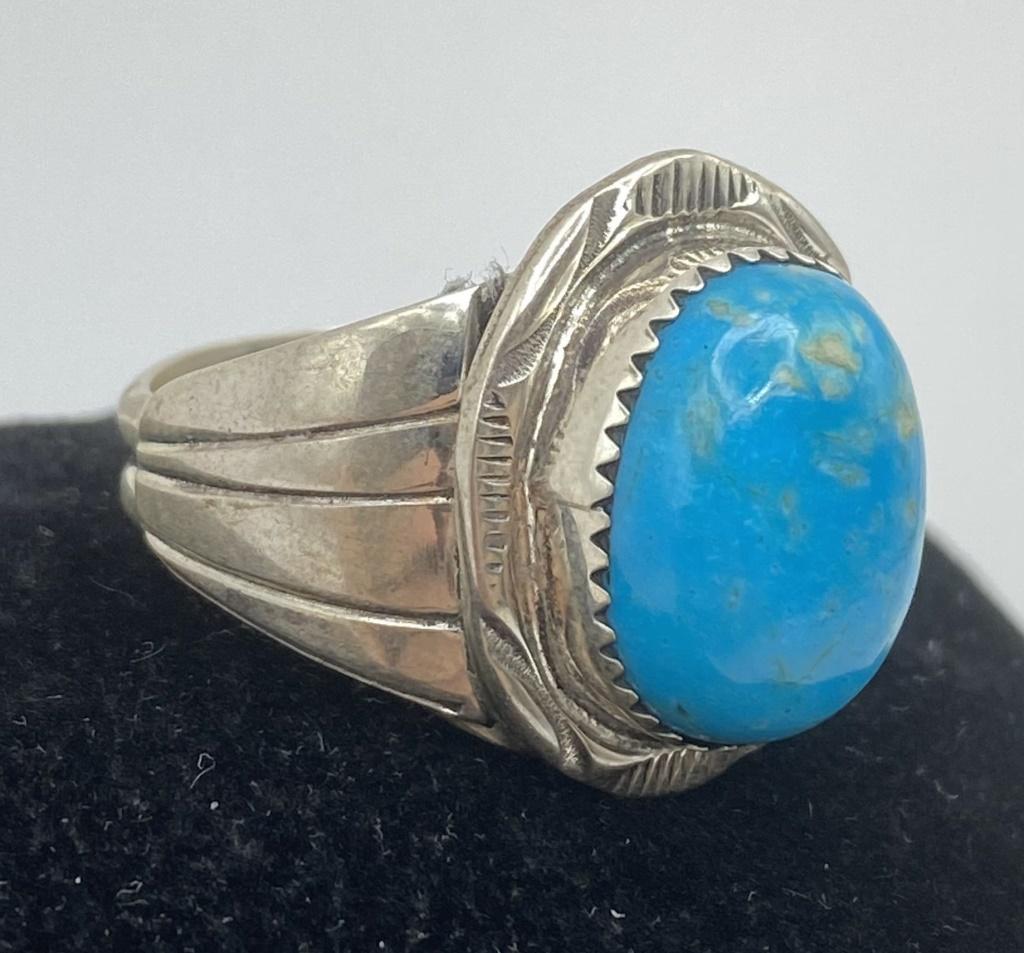 HERBERT TSOSIE NAVAJO STERLING TURQUOISE RING SZ12