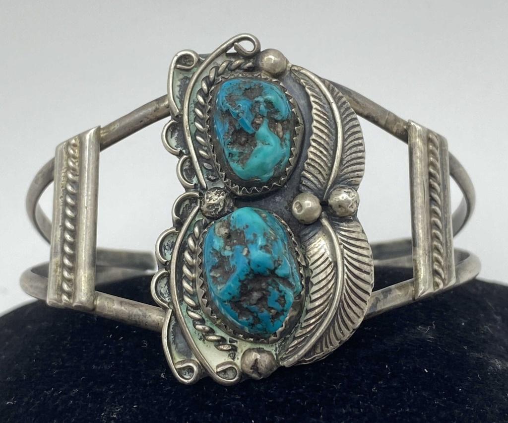 OLD PAWN NAVAJO 3D TURQUOISE STERLING BRACELET