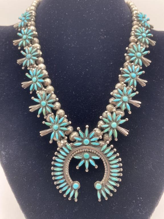 1970 ZUNI TURQUOISE SILVER SQUASH BLOSSOM NECKLACE