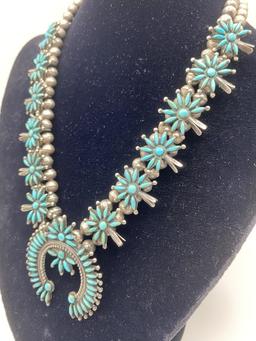 1970 ZUNI TURQUOISE SILVER SQUASH BLOSSOM NECKLACE