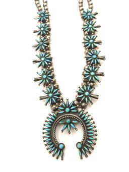 1970 ZUNI TURQUOISE SILVER SQUASH BLOSSOM NECKLACE