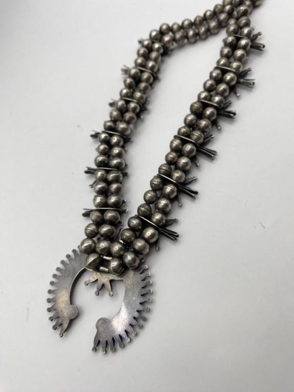 1970 ZUNI TURQUOISE SILVER SQUASH BLOSSOM NECKLACE