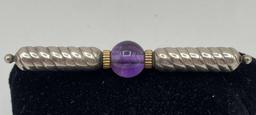 3" VTG SIGNED 14K GOLD STERLING AMETHYST BAR PIN