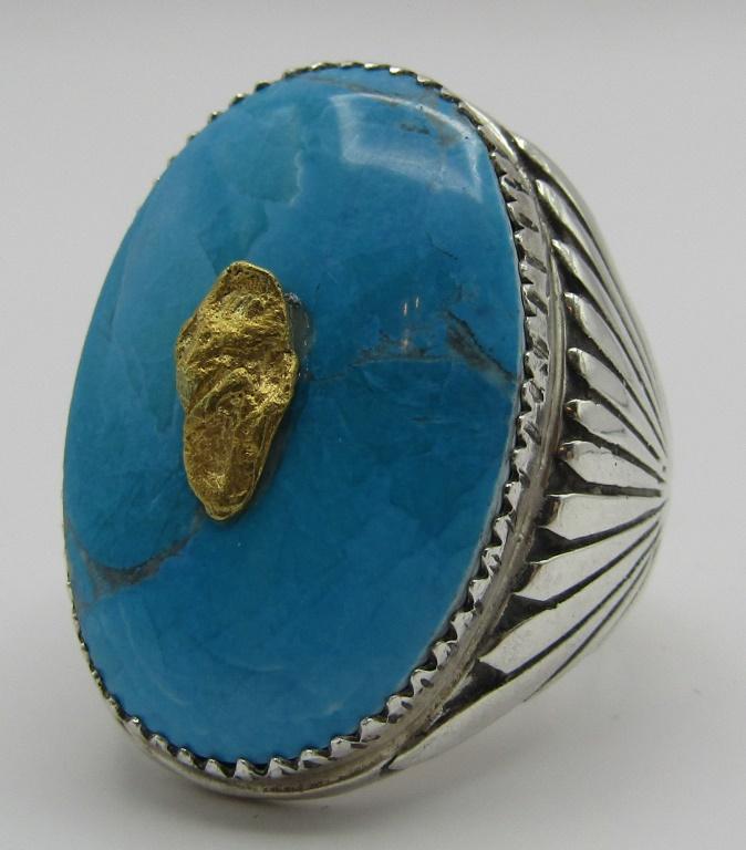 22K GOLD NUGGET & TURQUOISE RING STERLING SILVER