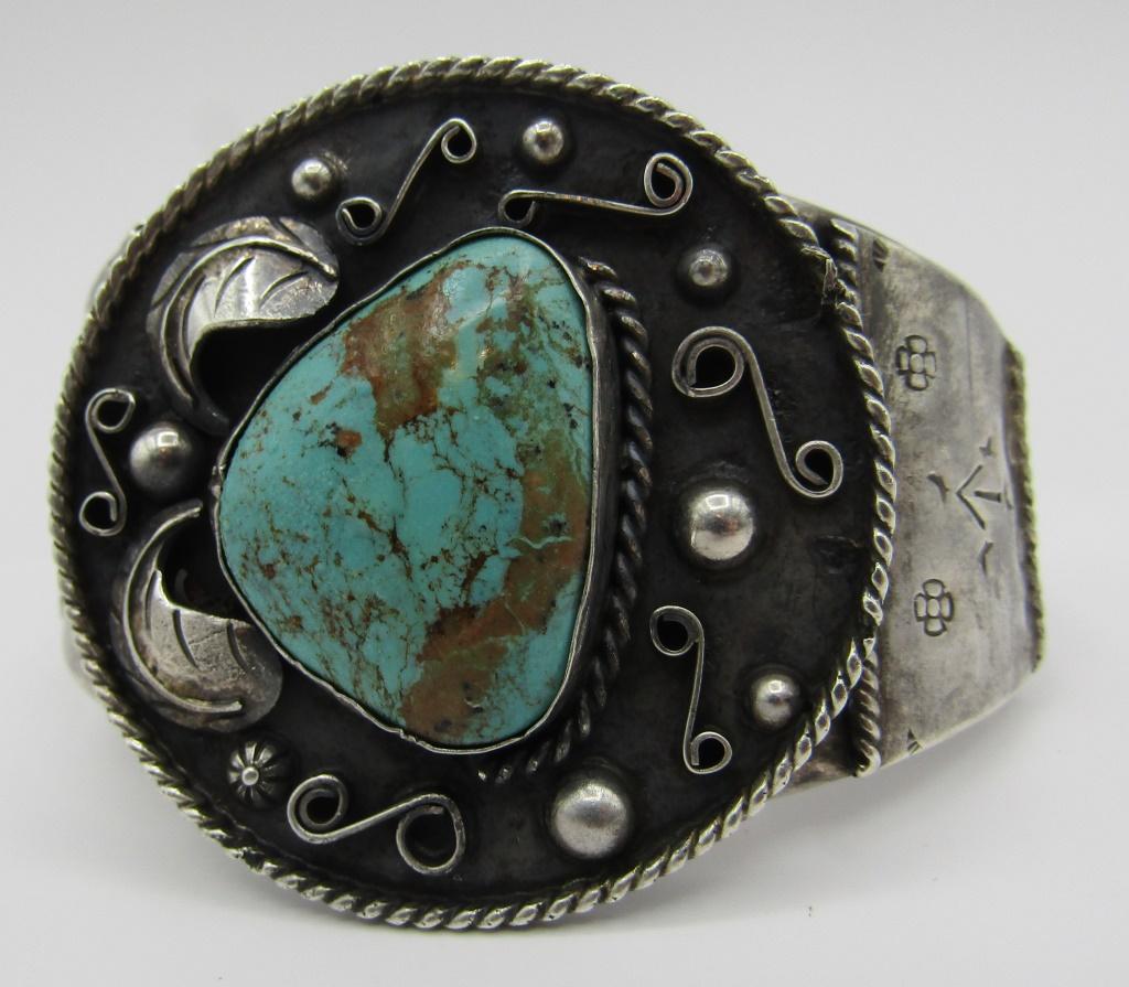 OLD PAWN TURQUOISE CUFF BRACELET STERLING SILVER