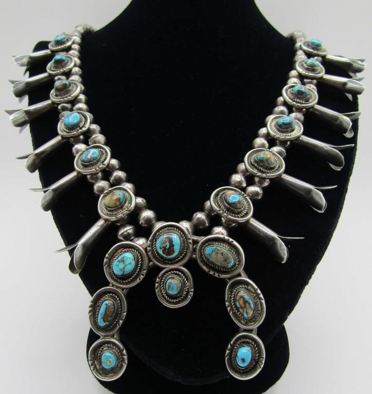MORENCI TURQUOISE SQUASH BLOSSOM NECKLACE STERLING
