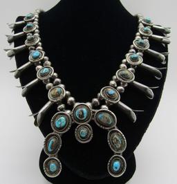 MORENCI TURQUOISE SQUASH BLOSSOM NECKLACE STERLING