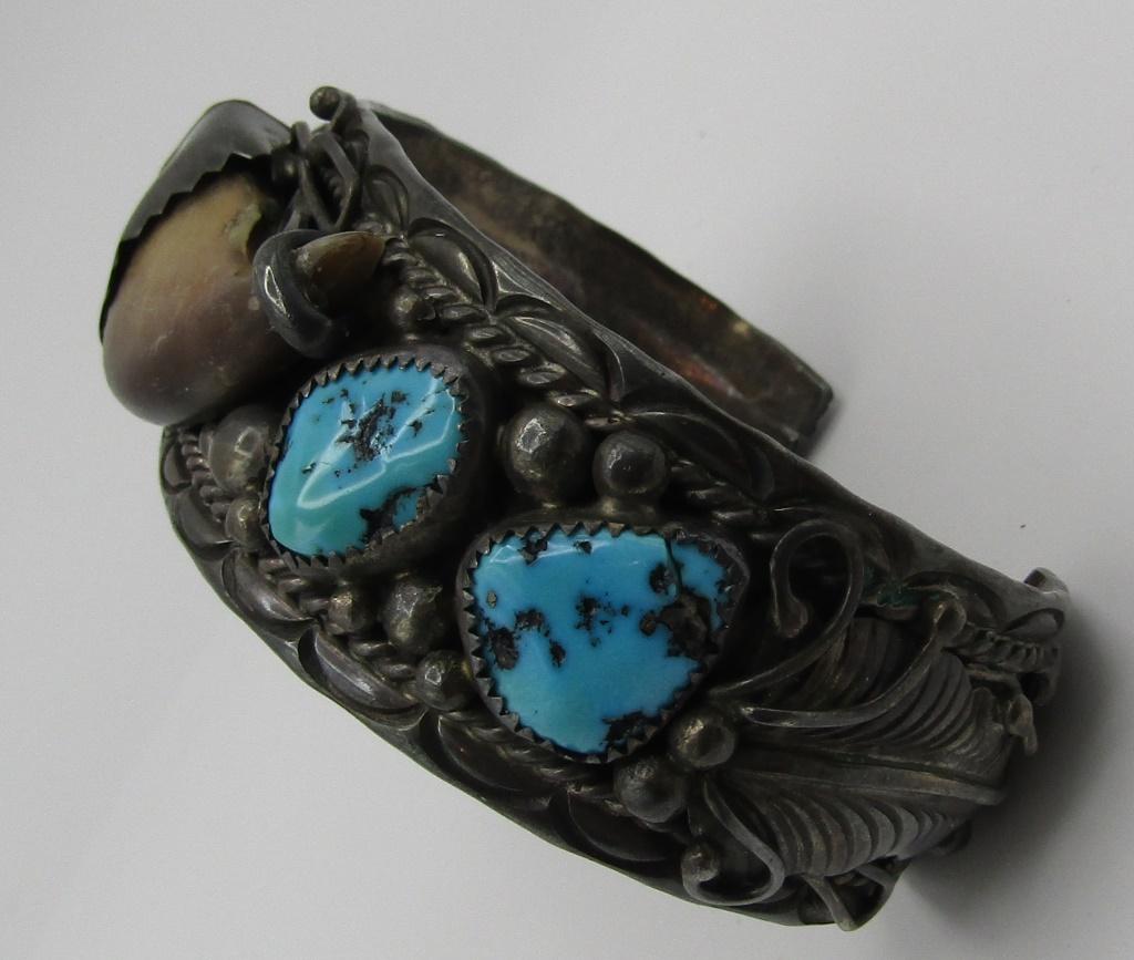 "E"  BEAR CLAW TURQUOISE CUFF BRACELET STERLING