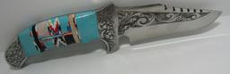 TURQUOISE INLAY AND ETCHED BOWIE KNIFE