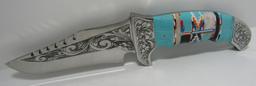 TURQUOISE INLAY AND ETCHED BOWIE KNIFE