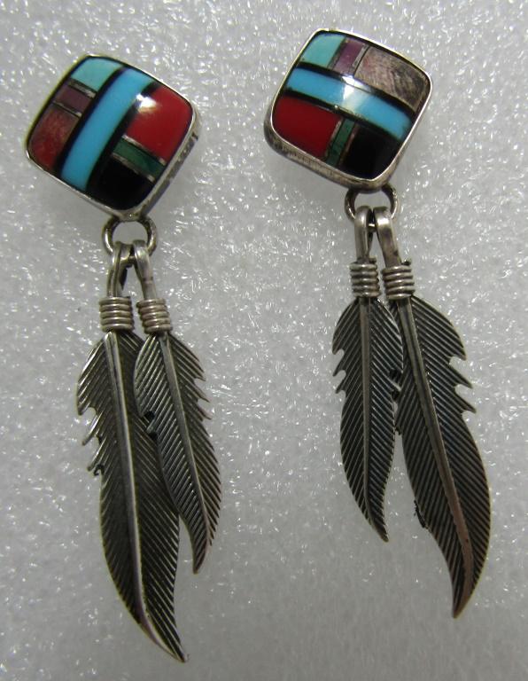 INLAY TURQUOISE FEATHER EARRINGS STERLING SILVER