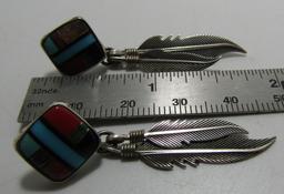 INLAY TURQUOISE FEATHER EARRINGS STERLING SILVER