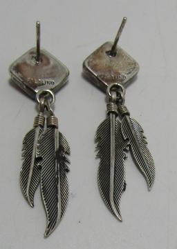 INLAY TURQUOISE FEATHER EARRINGS STERLING SILVER
