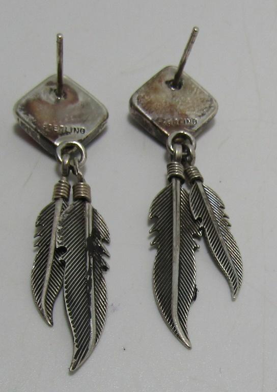 INLAY TURQUOISE FEATHER EARRINGS STERLING SILVER