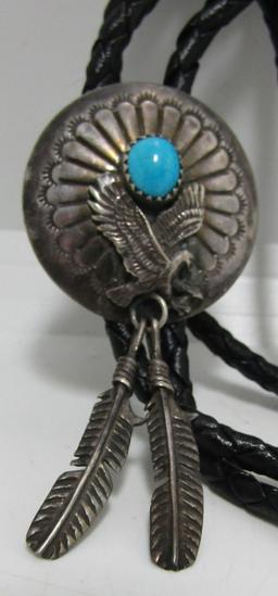 TURQUOISE CONCHO BOLO TIE NECKLACE STERLING SILVER