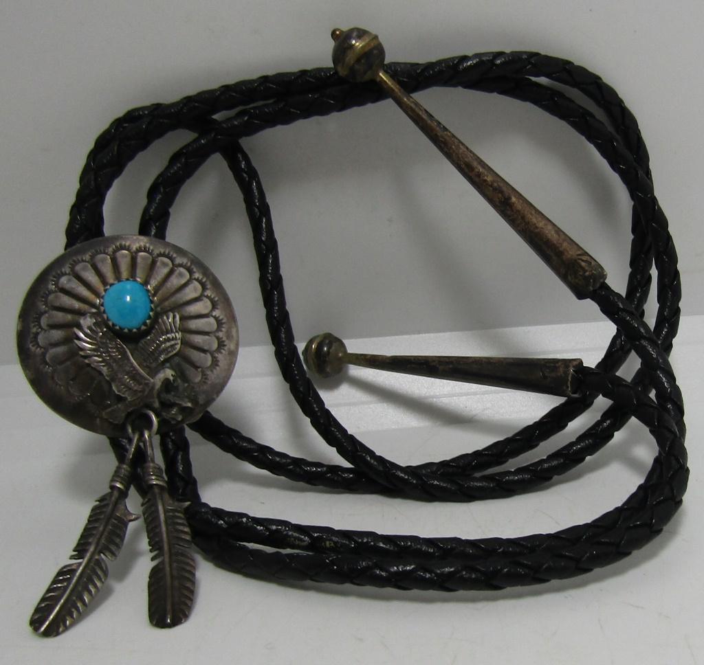 TURQUOISE CONCHO BOLO TIE NECKLACE STERLING SILVER