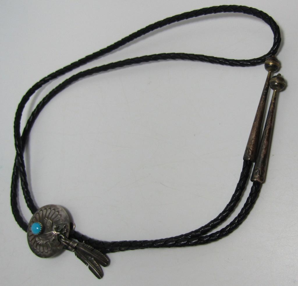 TURQUOISE CONCHO BOLO TIE NECKLACE STERLING SILVER