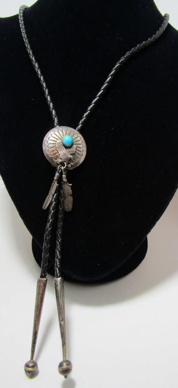 TURQUOISE CONCHO BOLO TIE NECKLACE STERLING SILVER