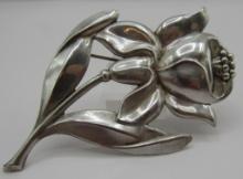 ANTIQUE 3.5" FLOWER PIN STERLING SILVER BROOCH