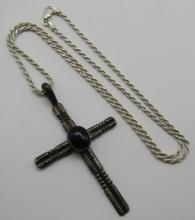 "RP" ONYX CROSS 20" ROPE NECKLACE STERLING SILVER
