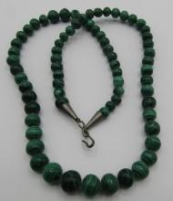 23" GENUINE 10MM MALACHITE BEAD NECKLACE STERLING