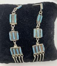 3" ZUNI STERLING TURQUOISE CHANDELIER EARRINGS