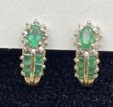 10K SOLID GOLD EMERALD DIAMOND CLUSTER EARRINGS