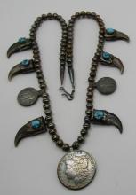 TURQUOISE BEAR CLAW SILVER DOLLAR NECKLACE STERLIN