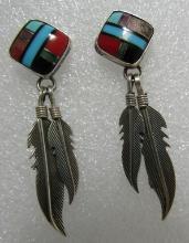 INLAY TURQUOISE FEATHER EARRINGS STERLING SILVER