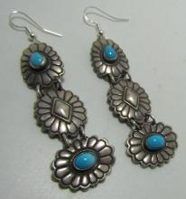 3" "CJ" TURQUOISE CONCHO EARRINGS STERLING SILVER