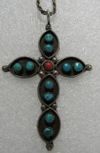 30" TURQUOISE CORAL CROSS NECKLACE STERLING SILVER