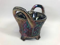 Purple Carnival Glass 4.5"T. Footed Basket W/Handles