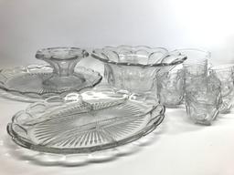 Heisey Colony Pattern 8.5"T. Punch Bowl w/Pedestal & (12) Cups & Ladle, 13" Relish, & 15" Oval Platt