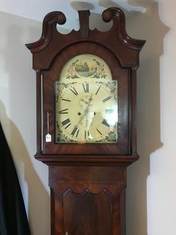 Antique European Tall Clock W/Hand Painted Dial, Burl Accent Front, & Broken Arch Top