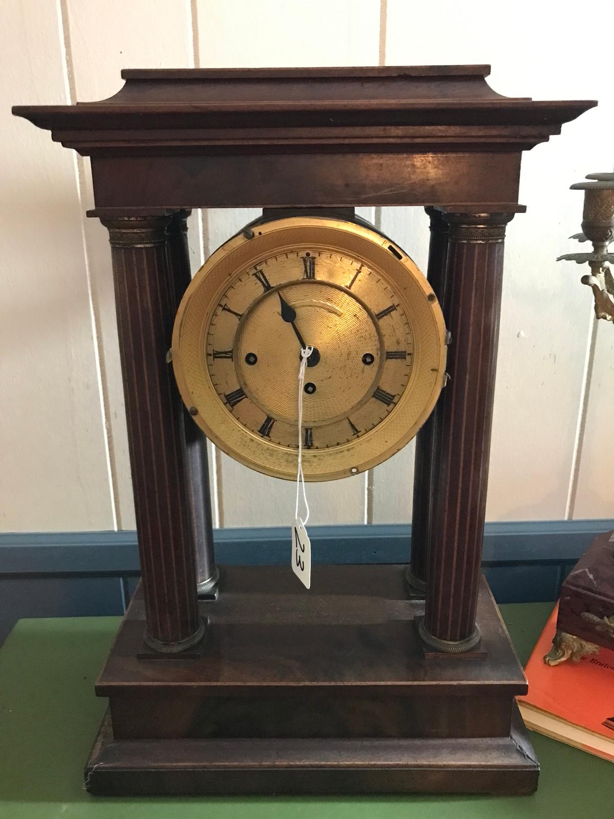 Antique Wooden Mantle Clock W/Wooden Columns