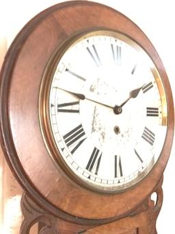 Antique Sessions Walnut Round School House Style Wall Clock