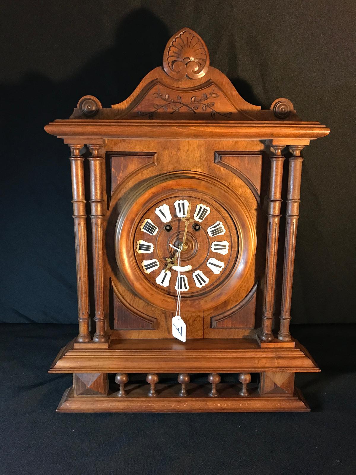 Antique Walnut Cased Wall Clock W/Enameled Numerals & Columns On Front.