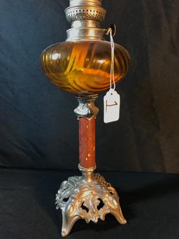 Antique Tall Oil Lamp W/Amber Patterned Font & Cast Iron Base