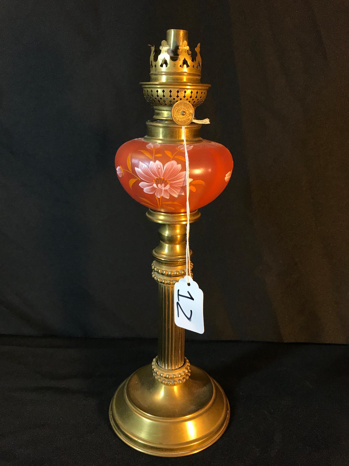 Antique Tall Oil Lamp W/Red Font & Hand Painted Flowers W/Brass Base & Stem