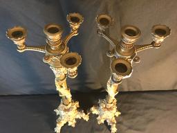 Outrageous Pair Of Vintage Brass 4-Light Candelabra's W/Alligators, Bacchus Faces, & Paw Feet