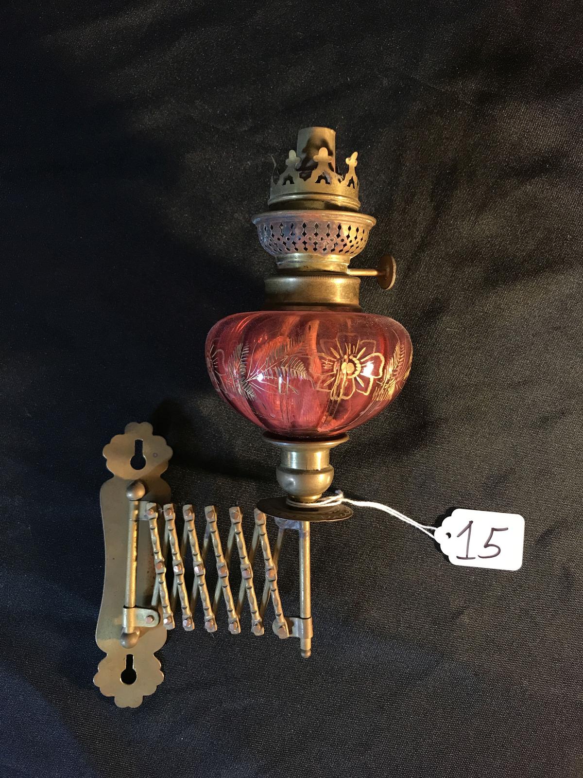 Antique Wall Mount Oil Lamp W/Cranberry Font & Expanding Holder