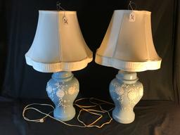 Pair Of Vintage Blue/White Table Lamps W/Shades