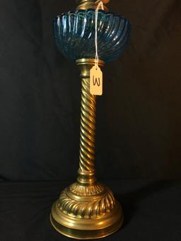 Antique Tall Oil Lamp W/Blue Swirl Font & Brass Base W/Twisted Stem