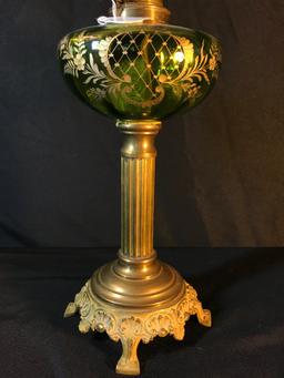 Antique Oil Lamp W/Green Glass Font W/Gold Design & Brass Base