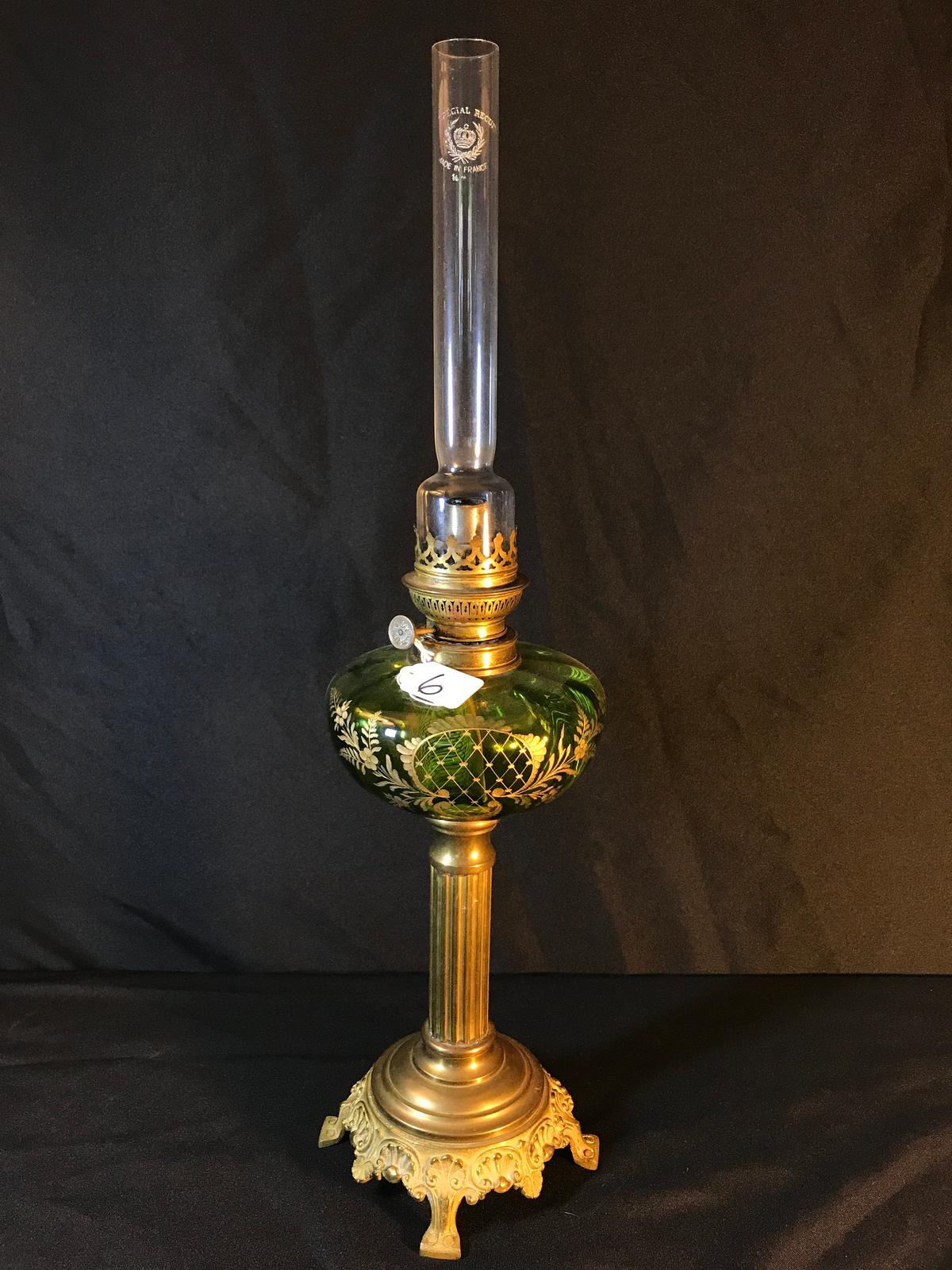 Antique Oil Lamp W/Green Glass Font W/Gold Design & Brass Base