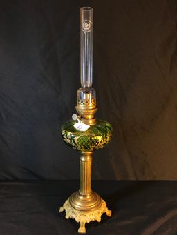 Antique Oil Lamp W/Green Glass Font W/Gold Design & Brass Base