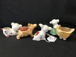 (4) Figural Dogs & A Mouse Pin Cushions From 1950's & 1960's Japan  Tallest Is 2.75"T.