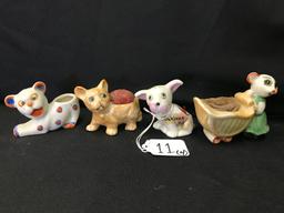 (4) Figural Dogs & A Mouse Pin Cushions From 1950's & 1960's Japan  Tallest Is 2.75"T.